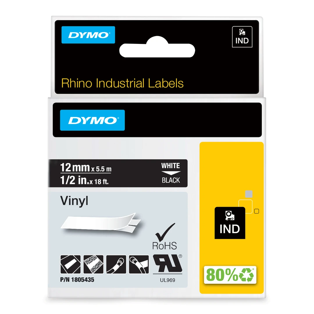 DYMO Rhino Industriell Tejp Färgad Vinyl 12mm x 5.5m vit på