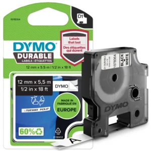 DYMO D1 Durable Tejp 12 mm x 5,5 m svart på vit
