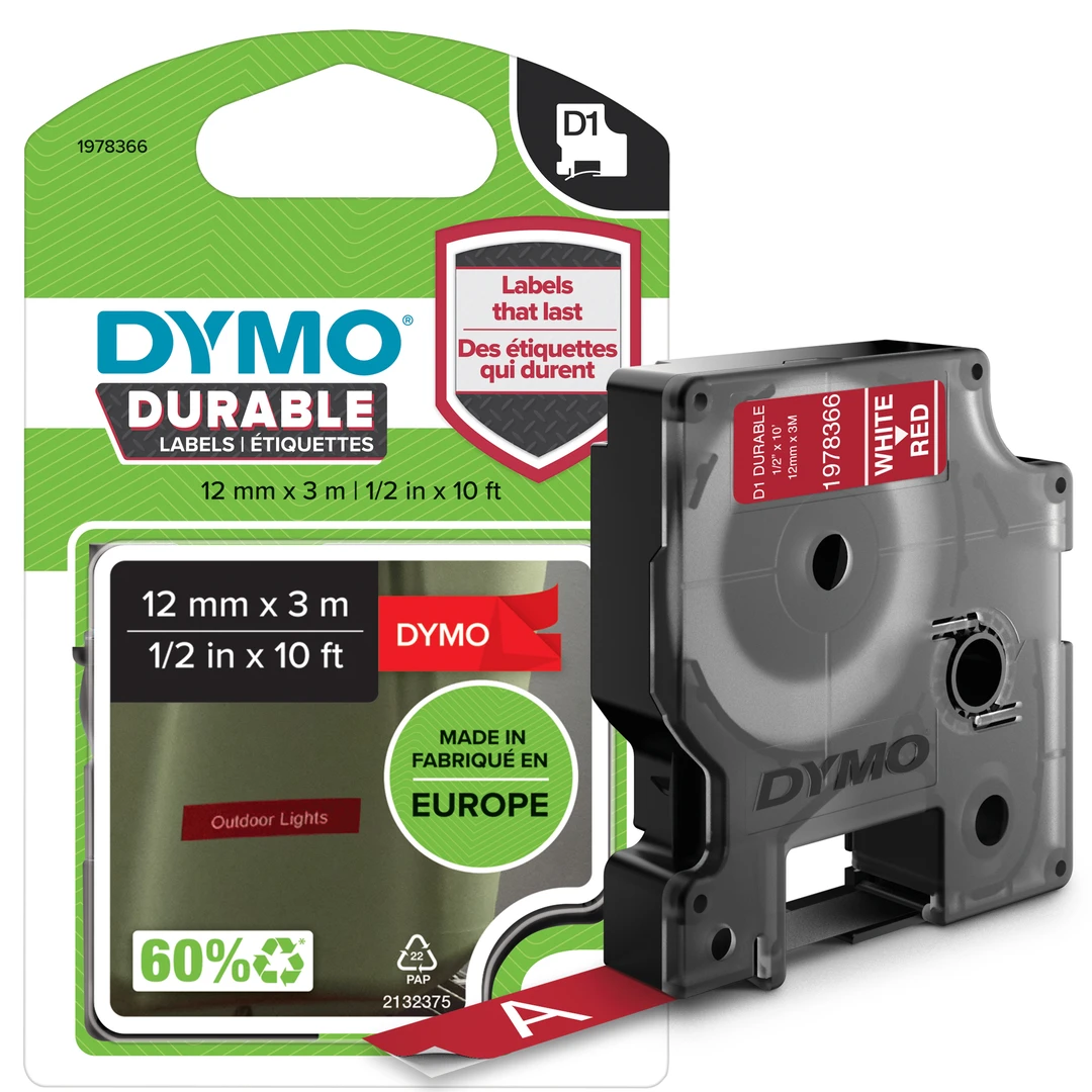 DYMO D1 Durable Tejp 12 mm x 3 m vit på röd