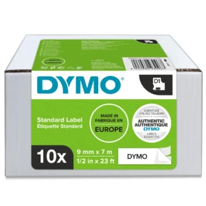 DYMO D1 Tejp 9 mm x 7 m svart på vit 10-Pack