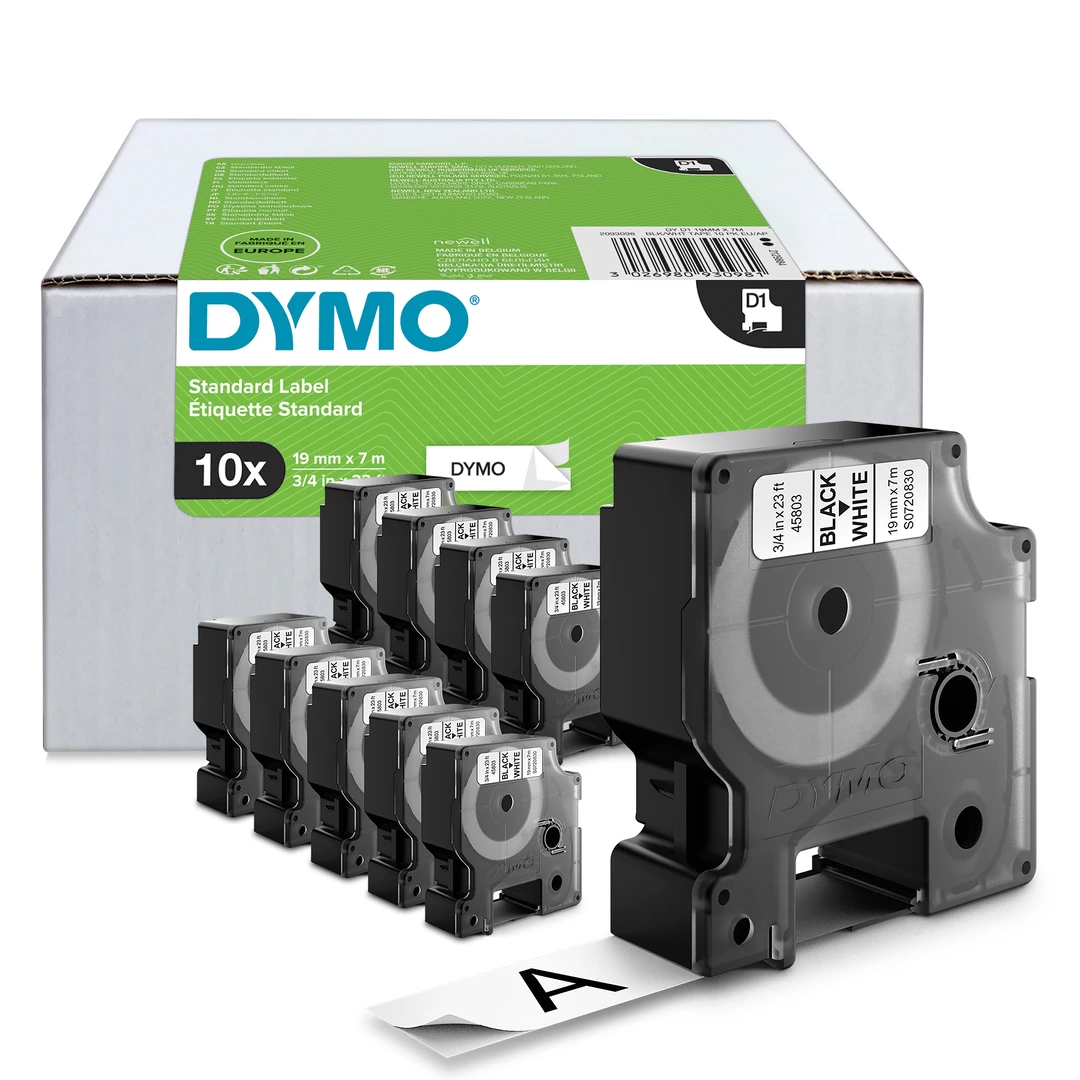 DYMO D1 Tejp 19 mm x 7 m svart på vit 10-Pack