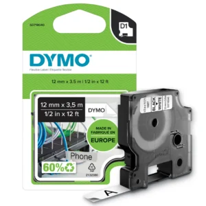 DYMO D1 Tejp Flexibelt Nylon 12 mm x 3,5 m svart på vit