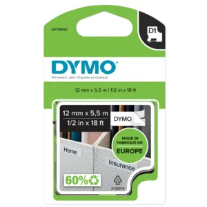 DYMO D1 Tejp Permanent Polyester 12 mm x 5,5 m svart på vit