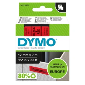 DYMO D1 Tejp 12 mm x 7 m svart på röd