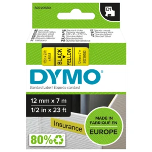 DYMO D1 Tejp 12 mm x 7 m svart på gul