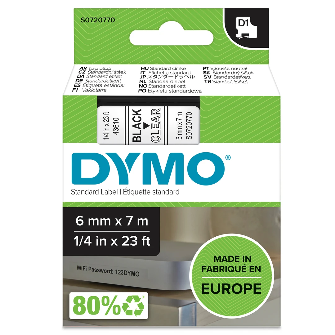 DYMO D1 Tejp 6 mm x 7 m svart på transparent