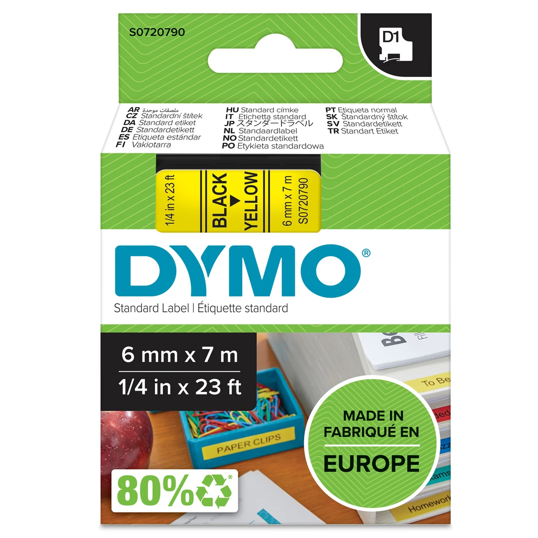 DYMO D1 Tejp 6 mm x 7 m svart på gul