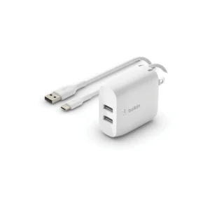 Dual USB-A Wall Charger 24W w/USB-C cable, White