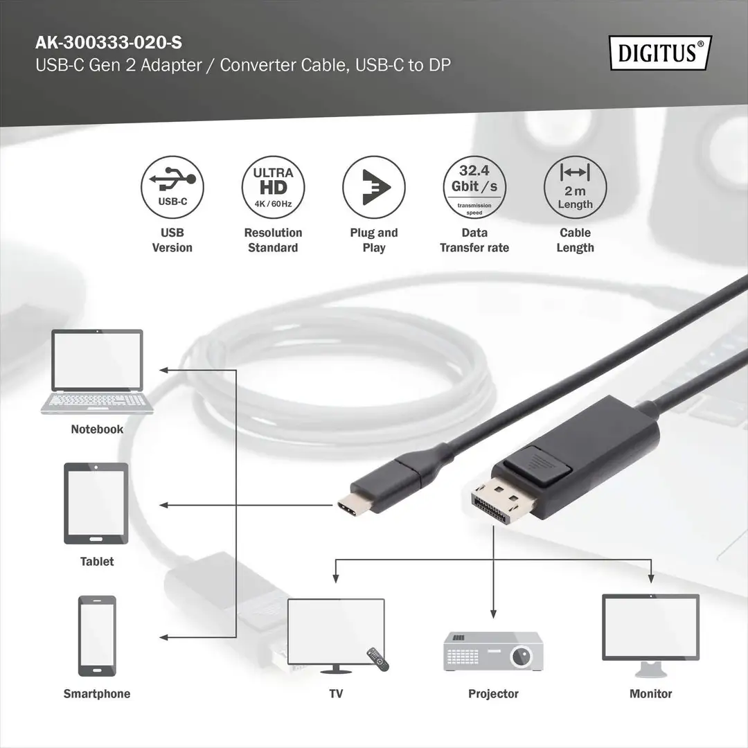 DIGITUS USB-C 3.2 Gen2 adapter cable, USB-C - DP - Bild 2