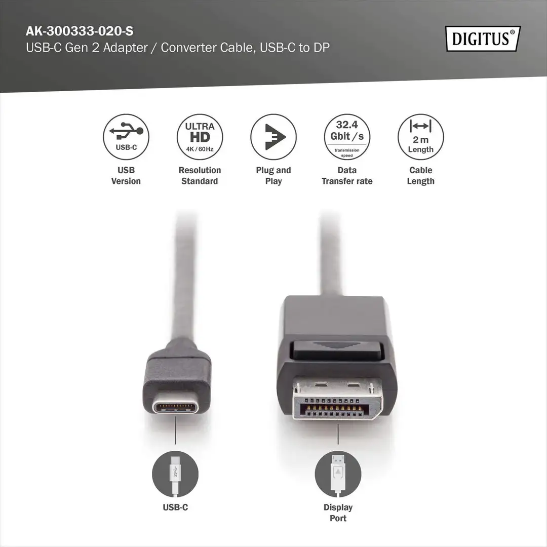 DIGITUS USB-C 3.2 Gen2 adapter cable, USB-C - DP - Bild 3