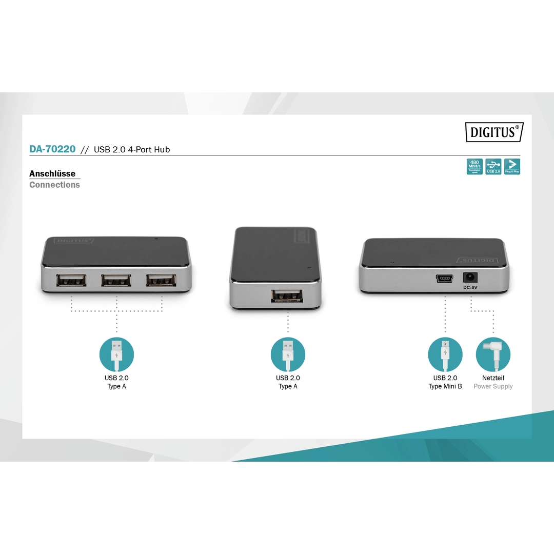 DIGITUS USB 2.0 hub 4-port with Mini-B input, Black - Bild 4