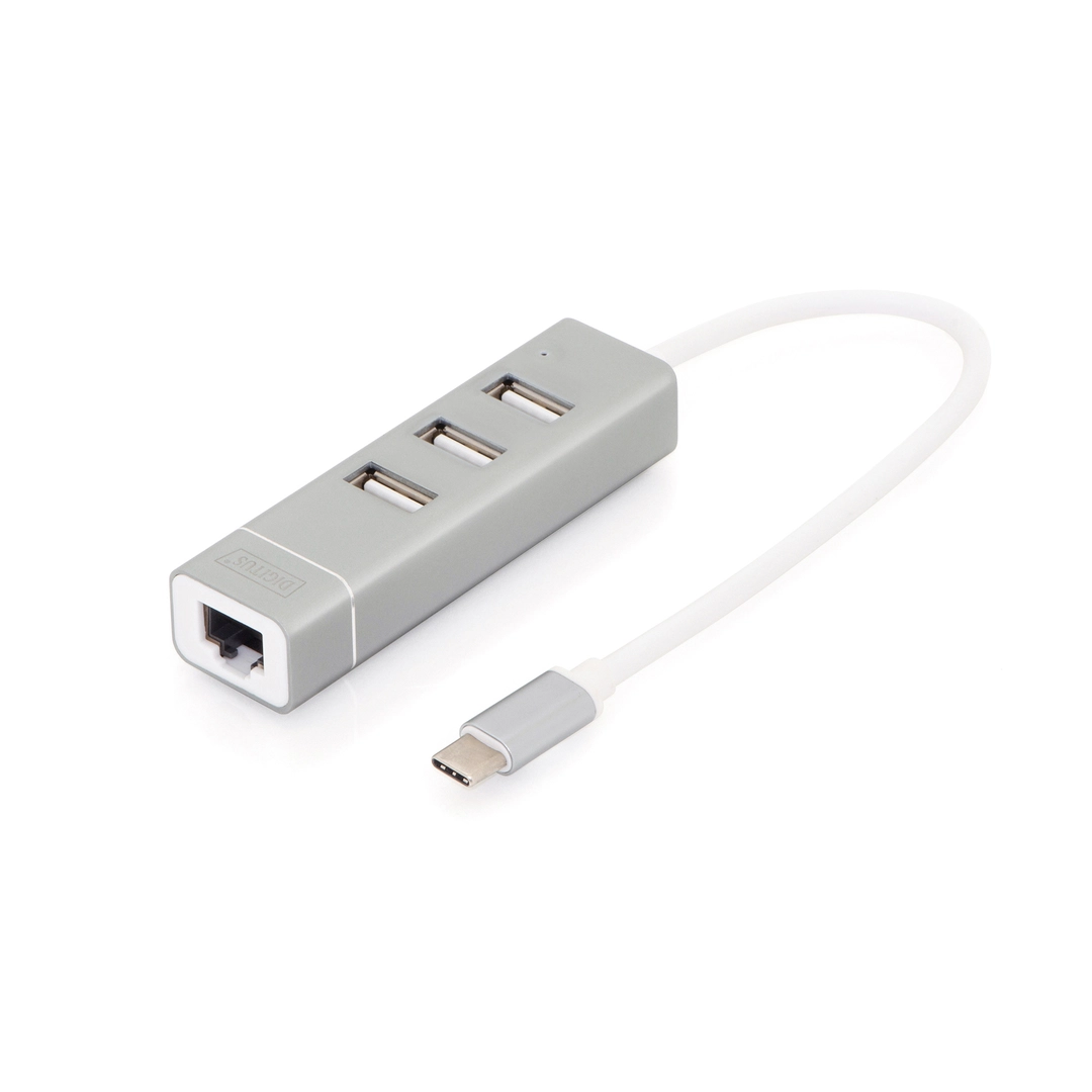 DIGITUS USB-C hub 3 x USB-A with Fast Ethernet, Silver
