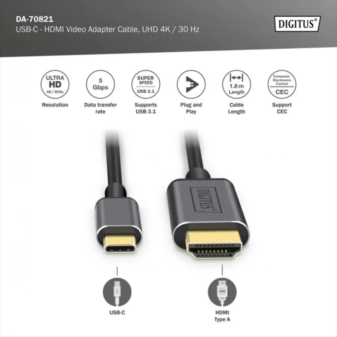 DIGITUS USB-C - HDMI Adapter, 1.8m 4K/30Hz, black - Bild 3
