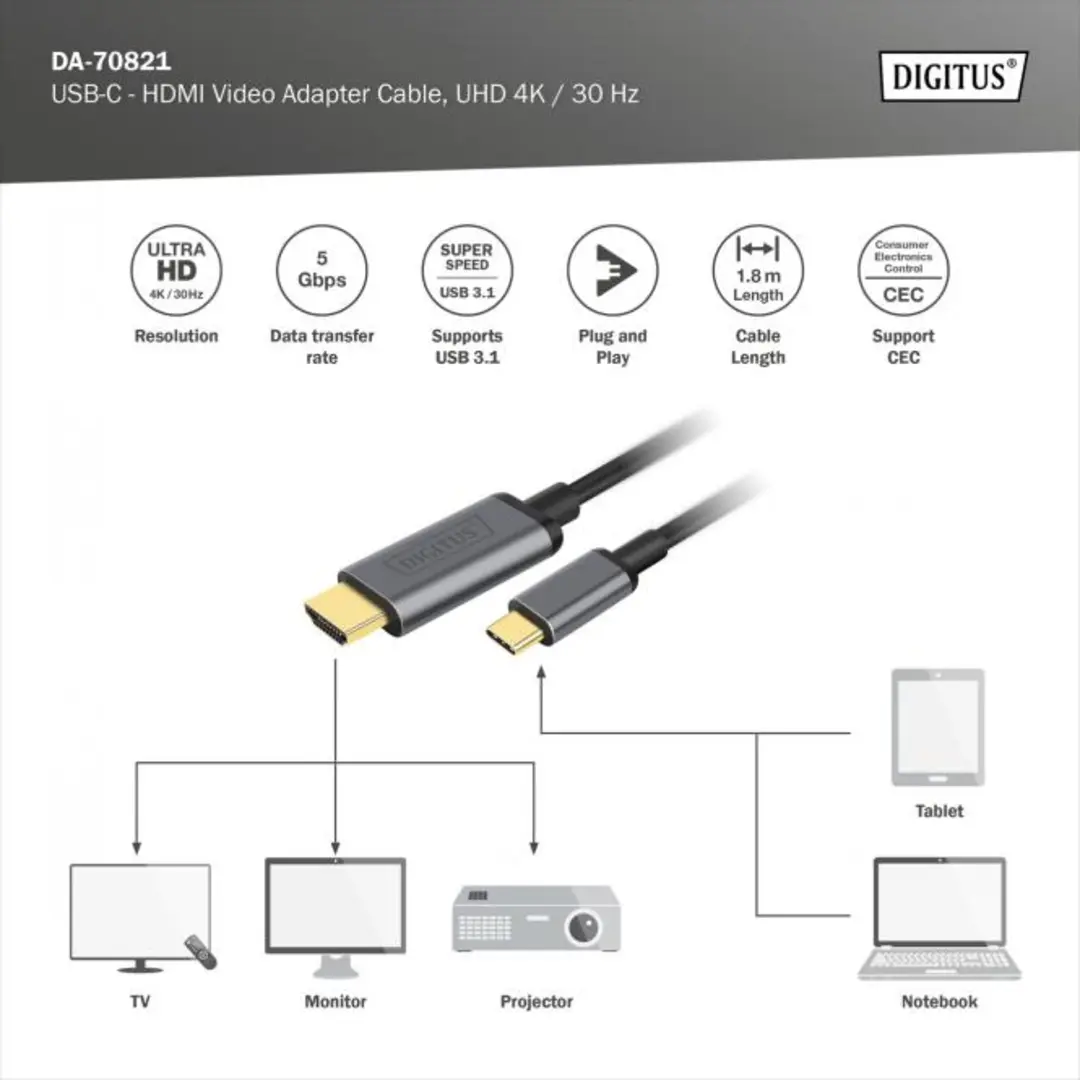 DIGITUS USB-C - HDMI Adapter, 1.8m 4K/30Hz, black - Bild 4