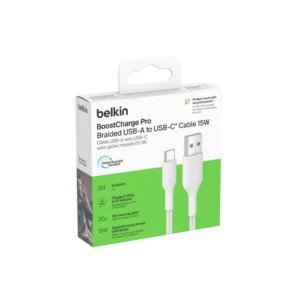 BELKIN Boostcharge USB-A to C Braided PCR Cable 2.0 2m, Whit